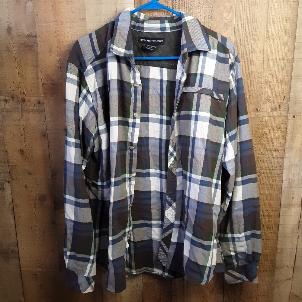 ExOfficio Mens Long Sleeve Lightweight Plaid Vented Adventure Shirt Large